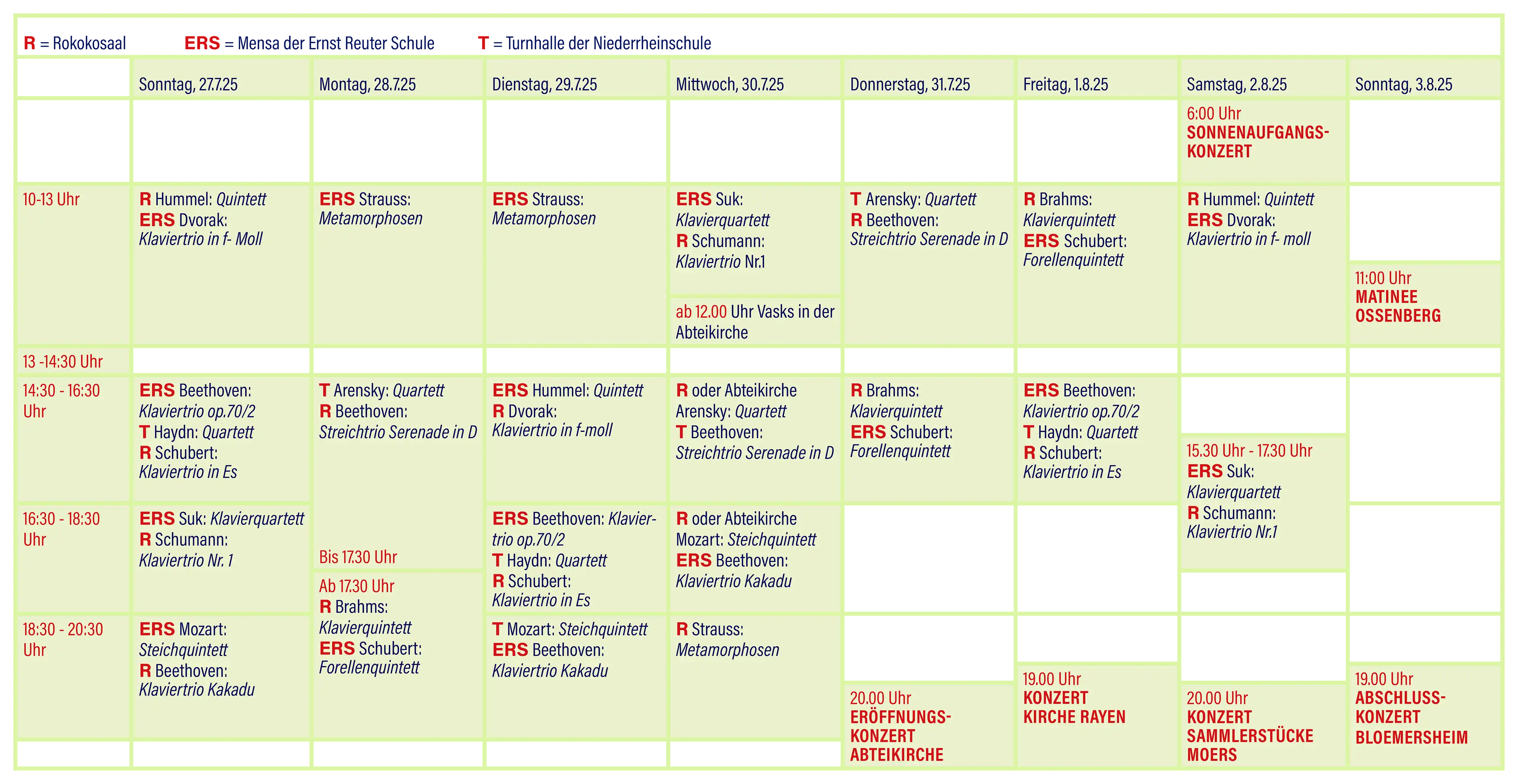 Probenplan Kammermusikfest Kloster Kamp 2025